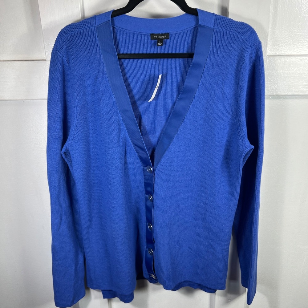 Talbots Blue Ribbed V-Neck Cardigan Sweater Grosgrain Trim NWT Large 363234